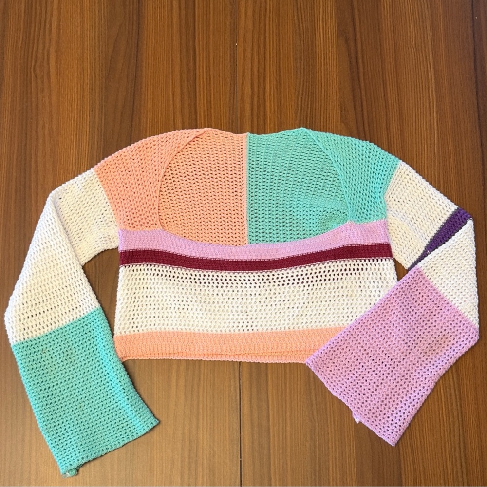 Colorblock Crochet Crop Sweater in Mint, Peach & Pink